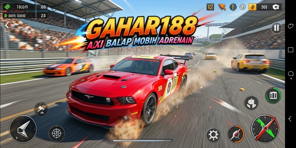 Tangkapan layar gameplay GAHAR188 menampilkan aksi balap mobil yang seru.