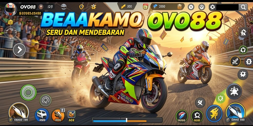 Gameplay OVO88 menampilkan balapan motor yang seru dan cepat.