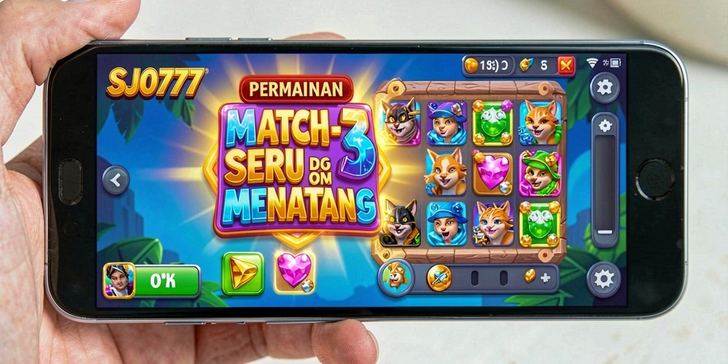 Screenshot SJO777 menunjukkan gameplay seru dan penuh warna dari Match-3.