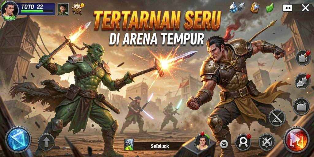Tangkapan layar gameplay TOTO22 dengan karakter bertarung di arena.